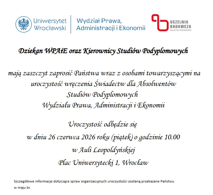 Zaproszenie na uroczystość wręczenia Świadectw Absolwentom Studiów Podyplomowych WPAiE